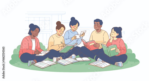 Diverse Students Collaborate on Studies Outdoors