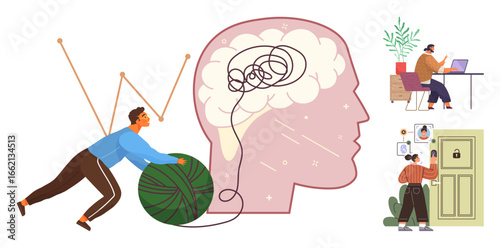 Man untangling yarn to symbolize mental clarity, large brain with tangled thoughts, and individuals working independently. Ideal for mental health, teamwork, problem-solving, productivity