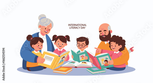 Grandparents and Grandchildren Celebrating International Literacy Day with Books