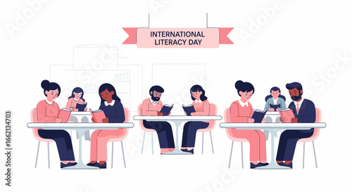 Illustration of diverse people sitting at tables reading books, celebrating International Literacy Day.