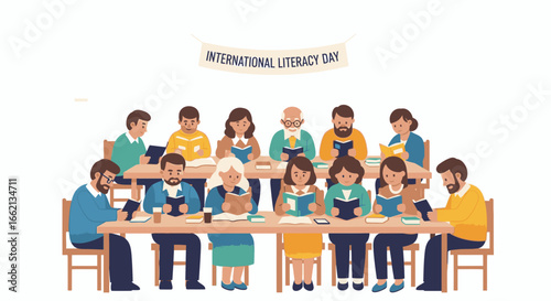 Diverse group of people seated around a table, engaged in reading, celebrating International Literacy Day.