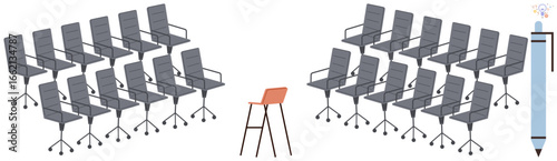 Single orange chair facing rows of uniform office chairs and a vertical oversized pencil with a glowing bulb. Ideal for leadership, individuality, creativity, problem-solving, public speaking