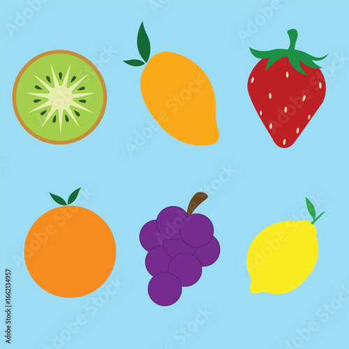 A vector illustration of fresh fruits including kiwi, mango, strawberry, orange, grapes, and lemon on a light blue background. Flat design, simple and colorful style