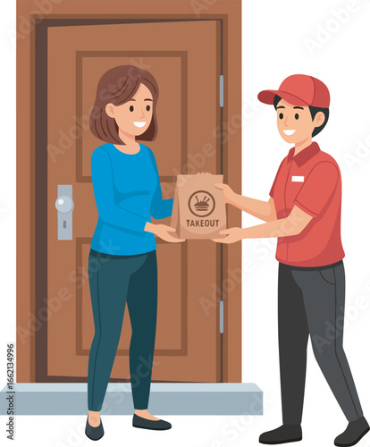 A woman receives a takeout order from a delivery person at her front door.