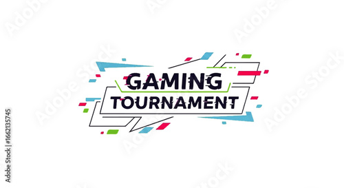 Modern Gaming Tournament text logo with a digital glitch effect and vibrant geometric frame.