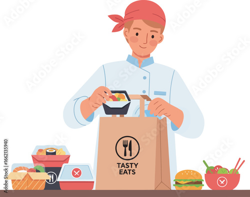 A chef in a restaurant preparing a takeout order, placing food in a brown paper bag.