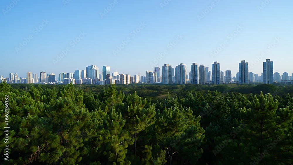 Fototapeta premium Serene City Skyline Viewed Through Lush Green Pine Forest: Tranquil Urban Landscape Photography