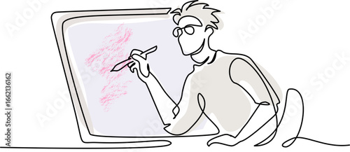Concept of freelance graphic designer, illustrator, artist, cartoonist. Boy drawing cartoon using tablet and create art