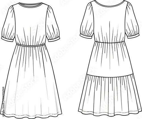 Women puff sleeve dress cad flat sketch with round neckline, gathered waist, tiered skirt back view, stylish fashion clothing template