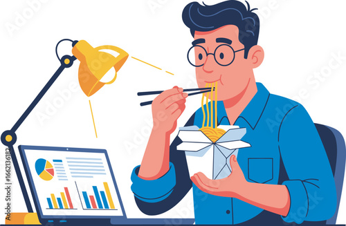 Cartoon man eating noodles with chopsticks while working on a laptop with charts under a desk lamp.
