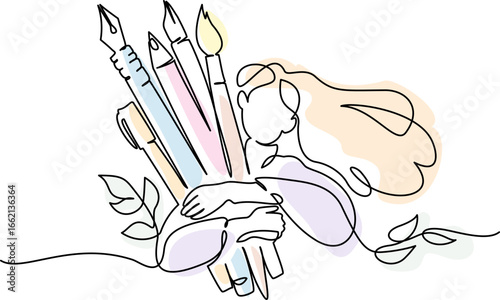 Happy girl hugs her pencil, brush and pens. Be creative design concept.