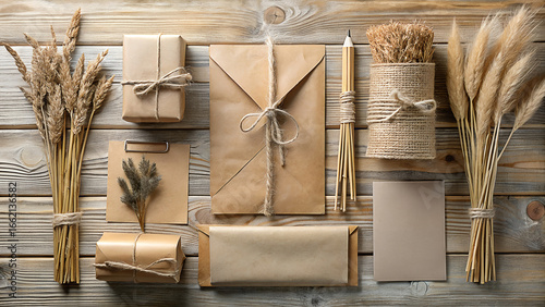 Rustic arrangement of kraft paper wrapped gifts and envelopes adorned with dried wheat stalks and twine on a weathered wooden background