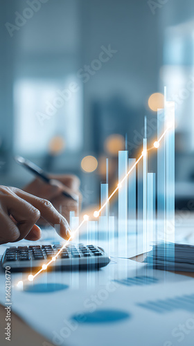 Person using calculator with overlay of ascending financial bar graph and line chart hand fingers