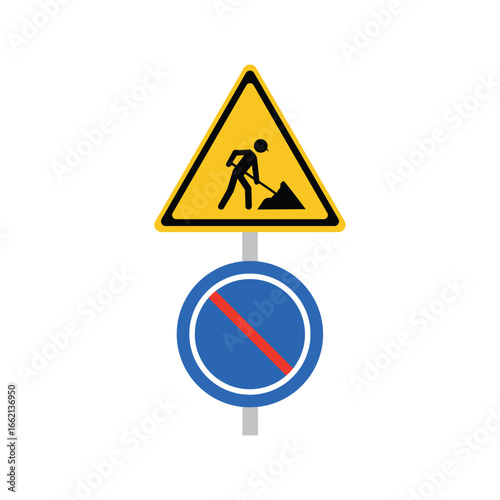 Road sign warning symbol pedestrian crossing and no entry icon in bright yellow triangle and blue circle vector design for safety traffic rules and hazard alert illustration
