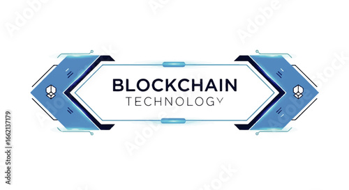 Sleek futuristic blue hexagonal banner with glowing accents and block icons for Blockchain Technology text.