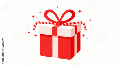Stylized illustration of a sparkling red and white present with a candy cane ribbon bow.