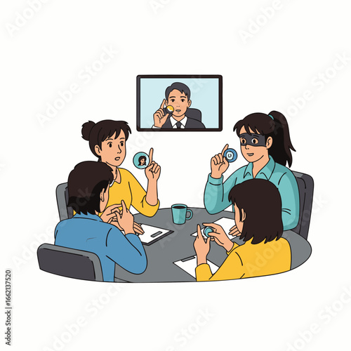 Diverse colleagues participate in a video conference meeting, collaborating effectively in a modern office setting.