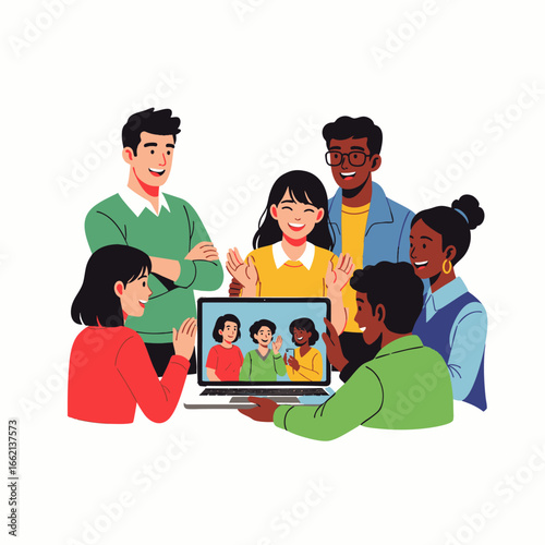 Diverse group of friends happily connecting through a video call on a laptop, sharing smiles and conversation.