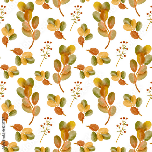 Seamless pattern with autumn leaves and berries. Botanical illustration of plants in watercolor style