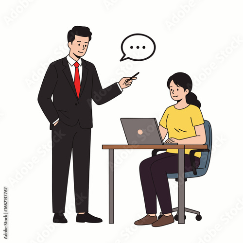A male mentor guides a female student on a laptop, fostering a collaborative learning environment in a modern office setting.