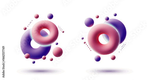 Two abstract compositions of floating 3D pink and purple tori and spheres with soft shadows.