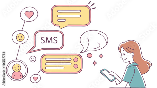Woman using smartphone with sms messages and social media icons floating around her in a cartoon style