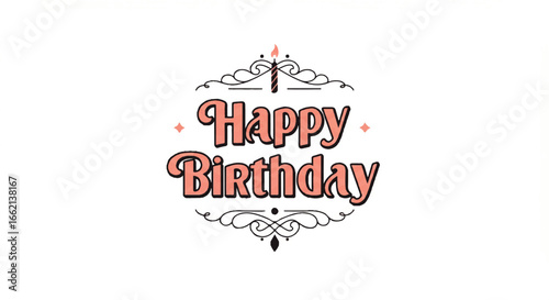 Vintage Happy Birthday lettering in pink with ornate flourishes sparkles and a lit candle.