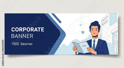 Young businessman in a blue suit and tie holding an open book a flat vector cartoon illustration.