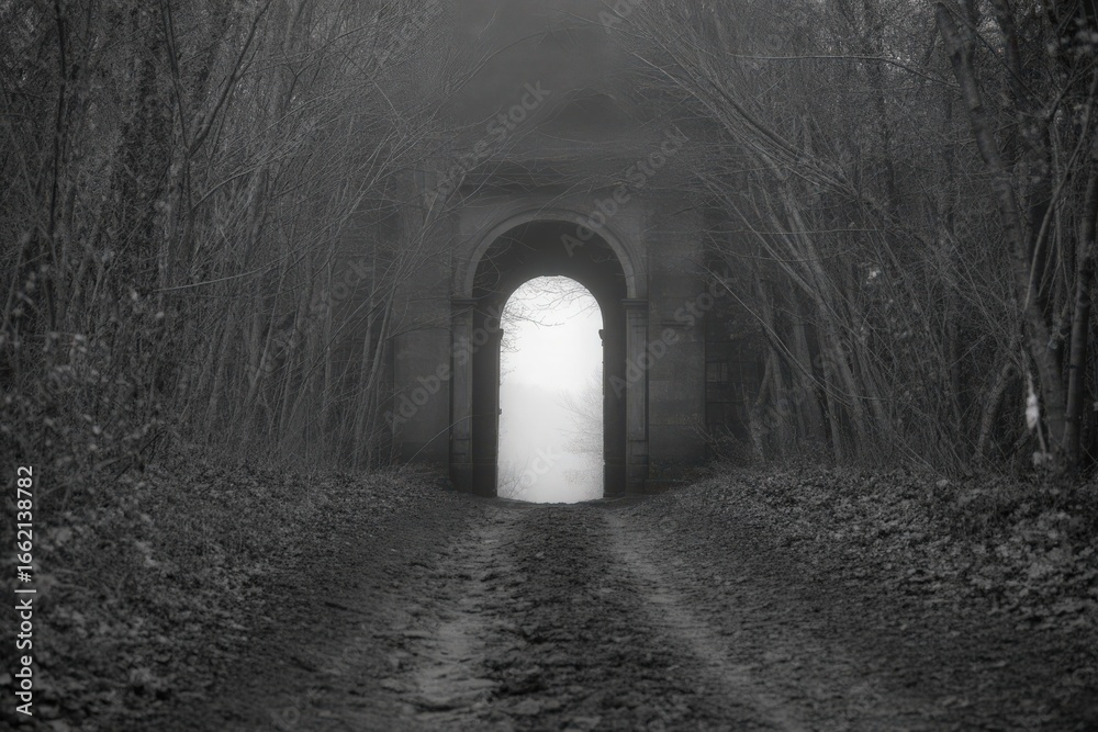 Fototapeta premium Eerie tunnel entrance bathed in bright mysterious light amidst dark forest
