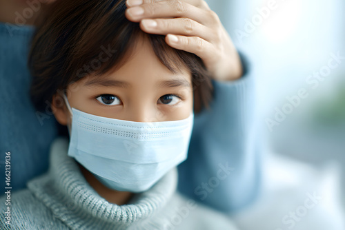 Sick child stay close to her mother while wearing a medical mask