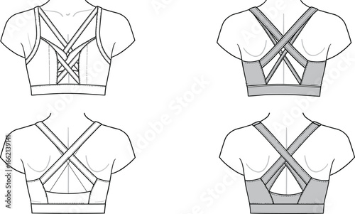 Women sports bra flat sketch, criss cross strappy back crop top, activewear yoga bra design, cad drawing vector template