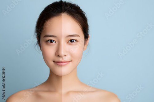 Young Asian woman with half-face to compare before and after use skincare