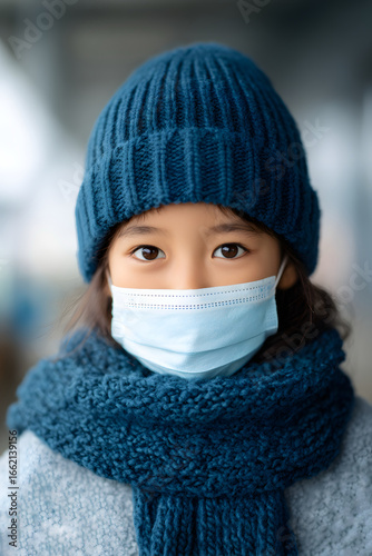 Young person wearing a face mask and winter clothing to stay healthy.