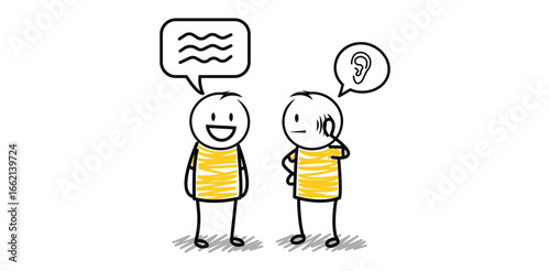 Stick figure person talking and another person with an ear icon. Communication or misunderstanding concept.