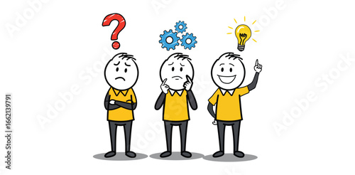 idea,thinking,solution, idea thinking solution illustration showing cartoon characters with question mark gears and light bulb representing confusion problem solving creativity innovation concept
