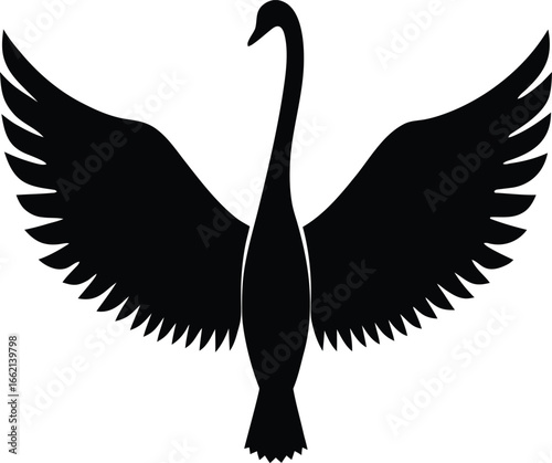 Black Silhouette of a Swan with Wings Spread Wide on White Background bird