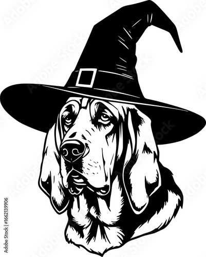 Blood Hound Dog in Witch Hat for Halloween vector silhouette illustration isolated on white background  