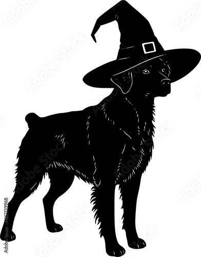 Brittany Spaniel Dog in Witch Hat for Halloween vector silhouette illustration isolated on white background  