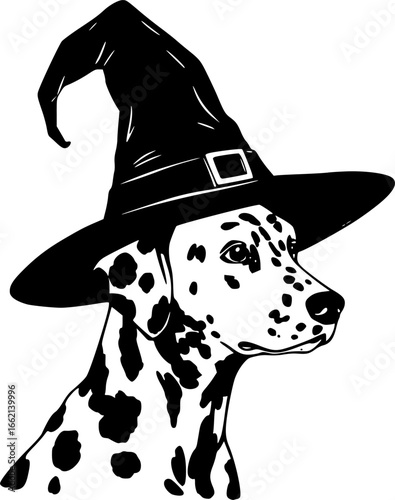 dalmatian Dog in Witch Hat for Halloween vector silhouette illustration isolated on white background  