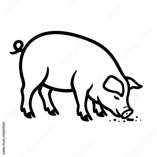 A simple outline drawing of a pig snuffling in the dirt, this illustration captures the essence of rural life and domestic animals. vector illustration