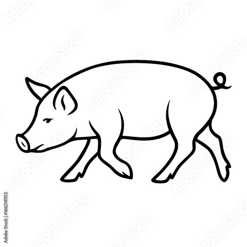 A clean illustration showcases a singular pig in a dynamic side profile view, evoking a sense of farm life and domesticity. vector illustration