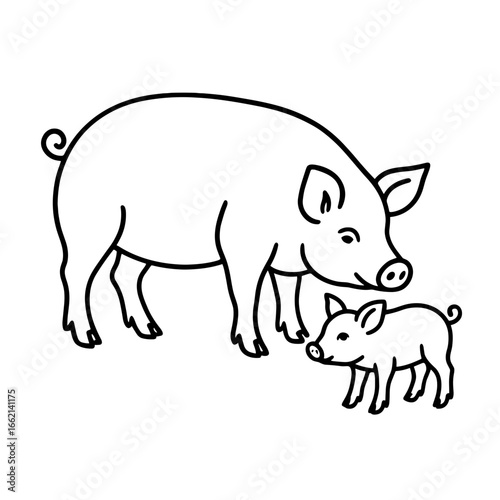 A charming illustration depicts a mother pig and her adorable piglet, creating a heartwarming image of familial bond. The simple line art captures the essence of these farm animals.