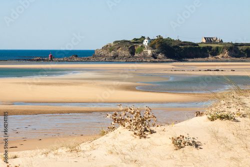 Guidel Morbihan Clohars Carnoet Finistere Golden Sandbanks at Low Tide Under Blue Sky