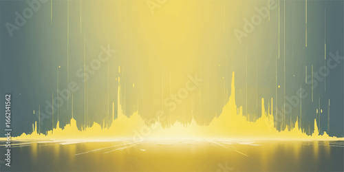 Blue equalizer music wave lines with golden stars and a fountain in the night sky