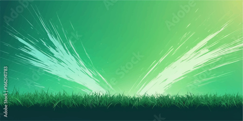 A green grass field under a bright summer sky with a fresh, natural landscape