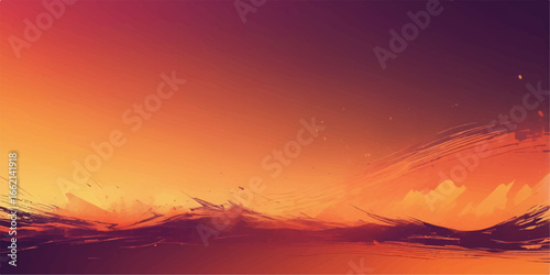 Bright, beautiful orange and yellow colors of the sunset light up the sky over the mountains, desert, and sea
