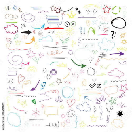 doodle,sketch,icon A digital vector illustration of multiple colorful hand drawn doodle elements including arrows clouds stars hearts and symbols minimal flat style isolated template for decoration
