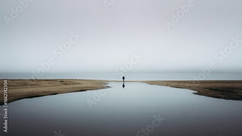 Lonely isolated man in an expansive and peaceful seaside landscape