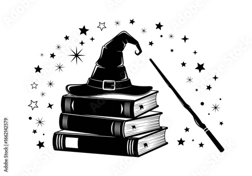 Halloween illustration of a wizard hat on books with a magic wand and stars vector