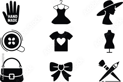 Fashion and handmade icon set with dress, hat, t-shirt, purse, bow, mannequin, button magnifier, and art supplies vector silhouettes.